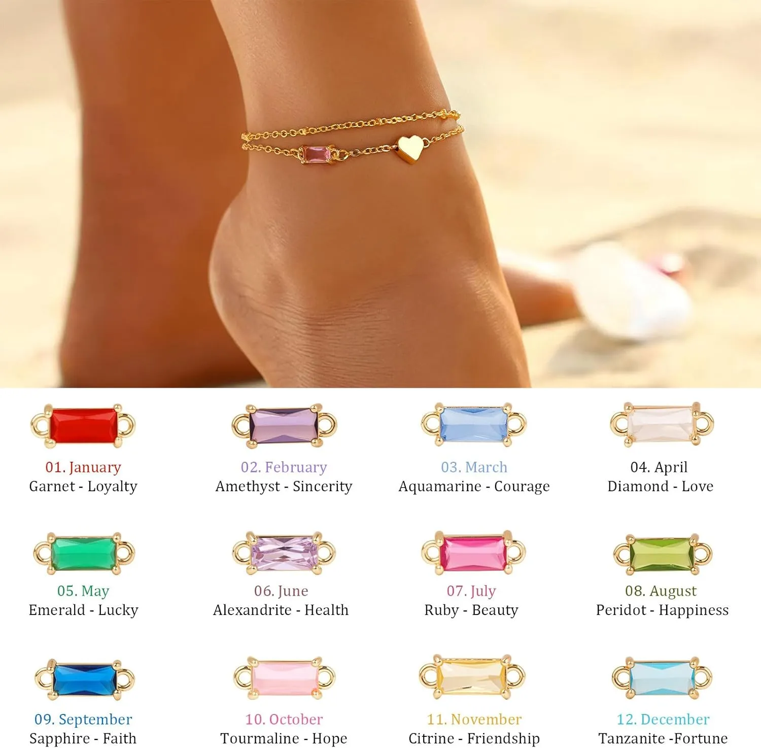 GolbalJew Birthstone Anklet with Heart Charm Layer Ankle Bracelet for Women, 14K Gold Plated Adjustable Chain Stackable Trendy Jewelry Gift for Her, Mom, Friend, Wife