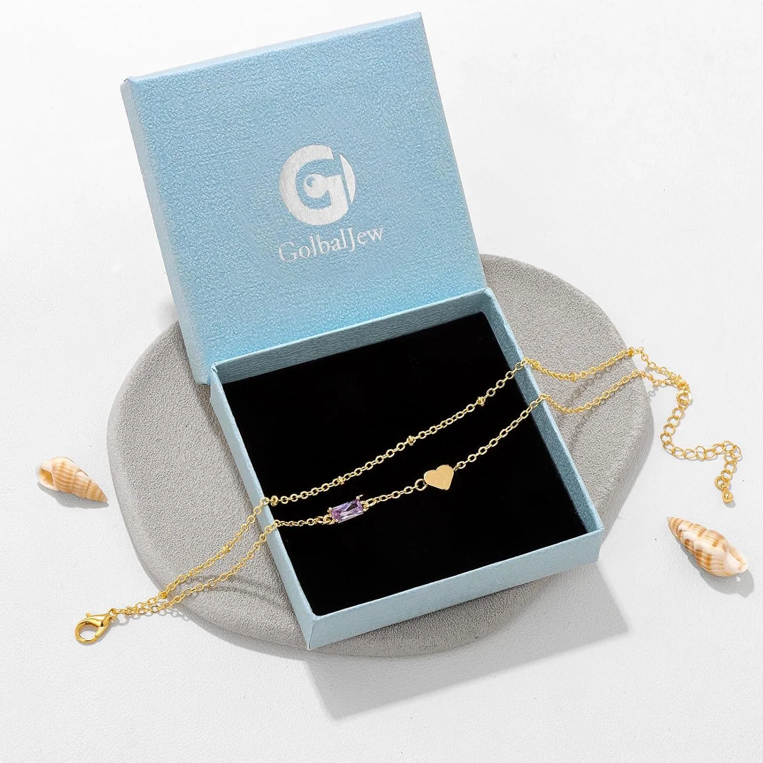 GolbalJew Birthstone Anklet with Heart Charm Layer Ankle Bracelet for Women, 14K Gold Plated Adjustable Chain Stackable Trendy Jewelry Gift for Her, Mom, Friend, Wife