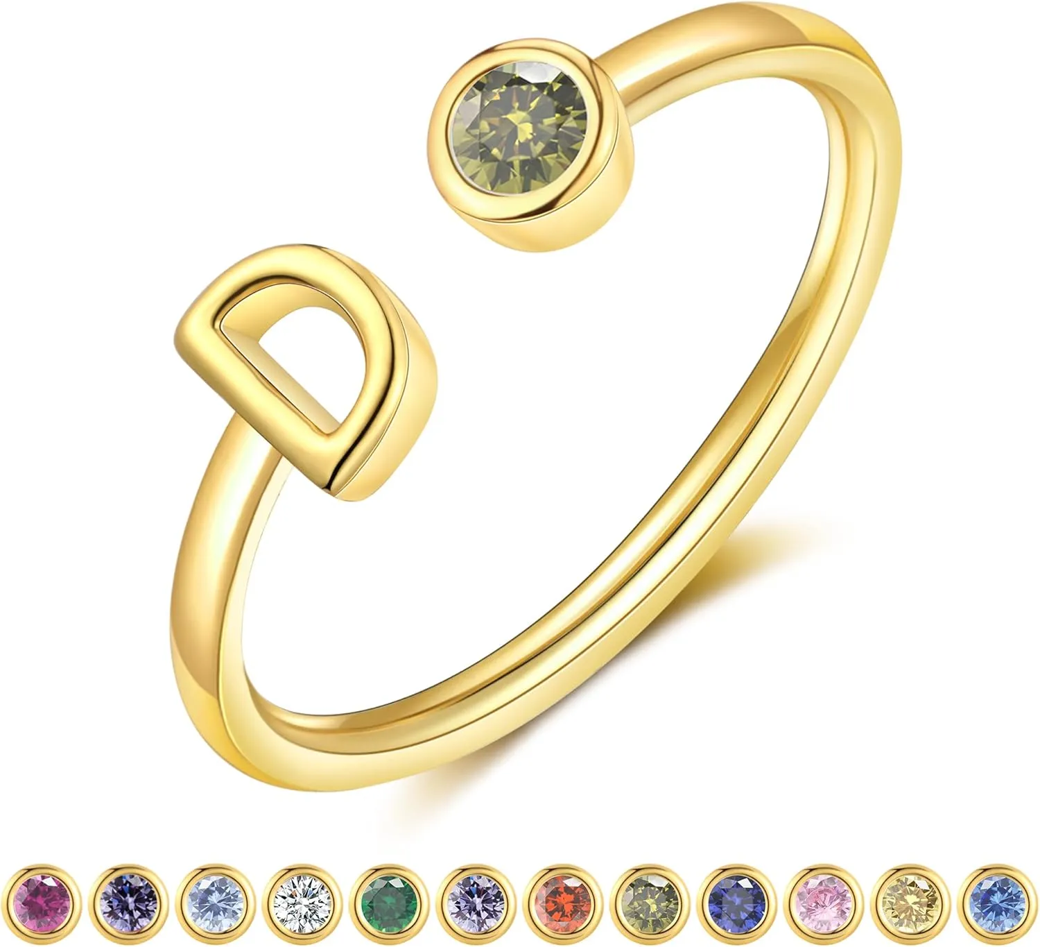 Gold Birthstone Initial Rings for Women Non Tarnish Dainty 14K Gold Plated Adjustable Letter Ring for Teen Girls Stackable Cute Thumb Pinky Fashion Unique Open Simple Birthday Gifts Jewelry