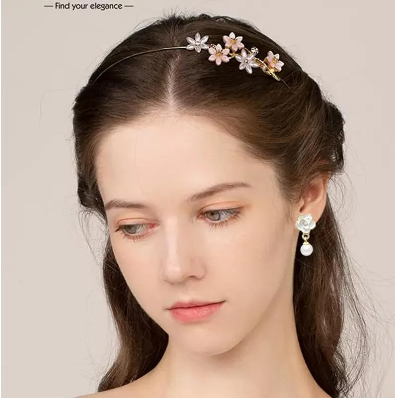 Gold Camellia Flower Earrings - Boho Floral Dainty Romantic Pearl Crystal Camellia Earrings with Shinny Rhinestones - Bohemian Jewelry Gift