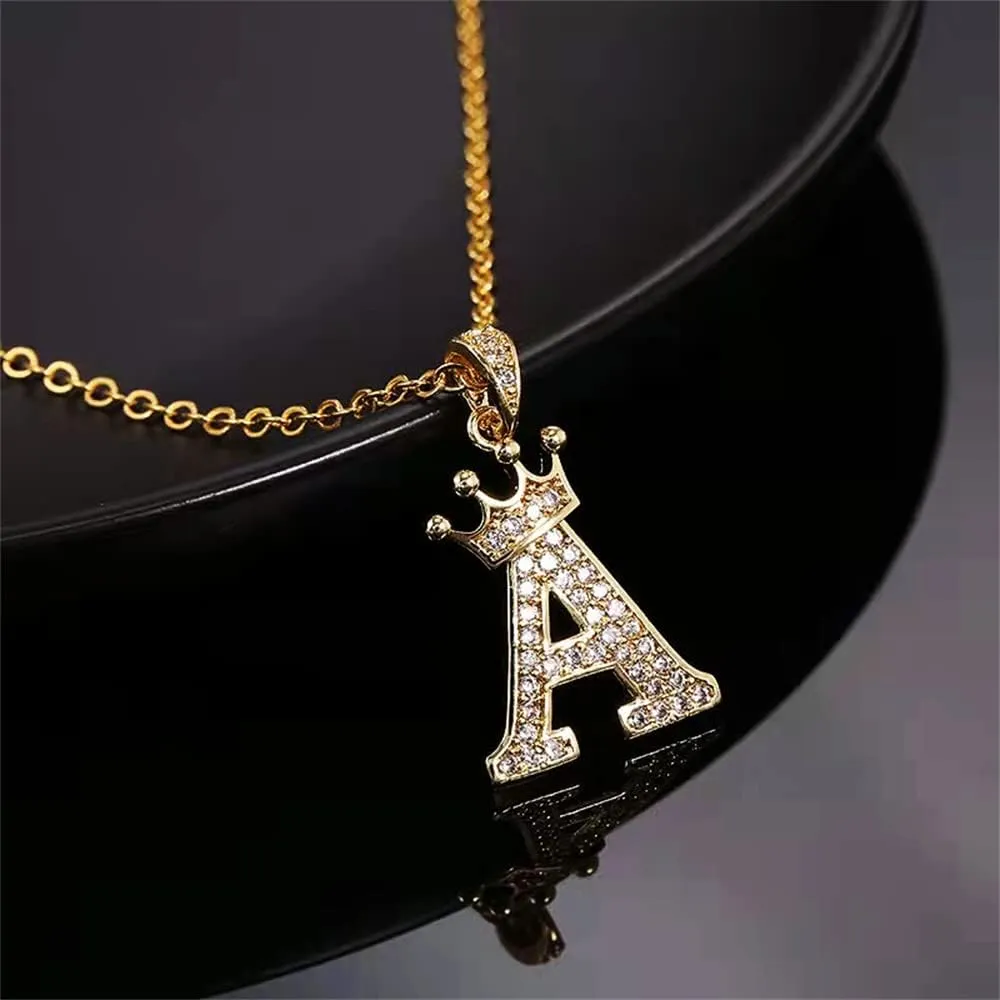 Gold Crown Initial Necklaces for Women Dainty Letter A-Z Pendant Necklace 18K Gold Plated Zirconia Letter Crown Choker Necklace for Women