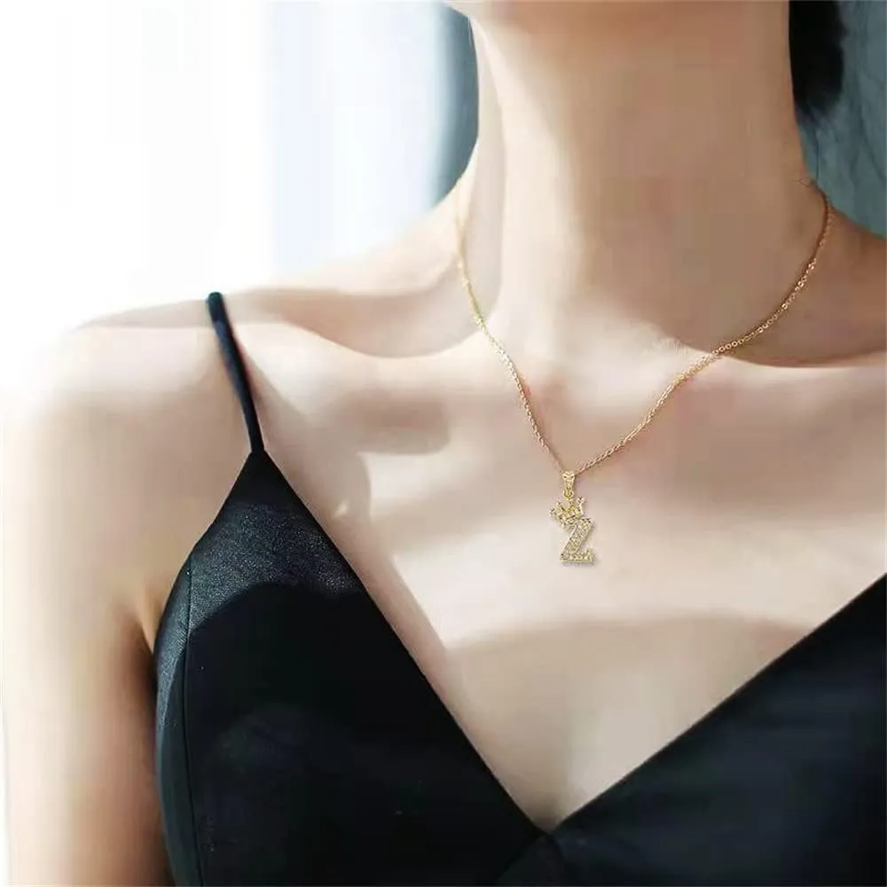 Gold Crown Initial Necklaces for Women Dainty Letter A-Z Pendant Necklace 18K Gold Plated Zirconia Letter Crown Choker Necklace for Women