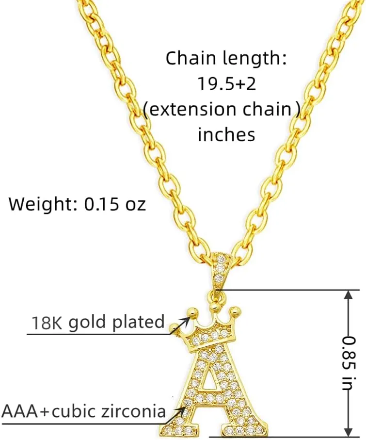 Gold Crown Initial Necklaces for Women Dainty Letter A-Z Pendant Necklace 18K Gold Plated Zirconia Letter Crown Choker Necklace for Women