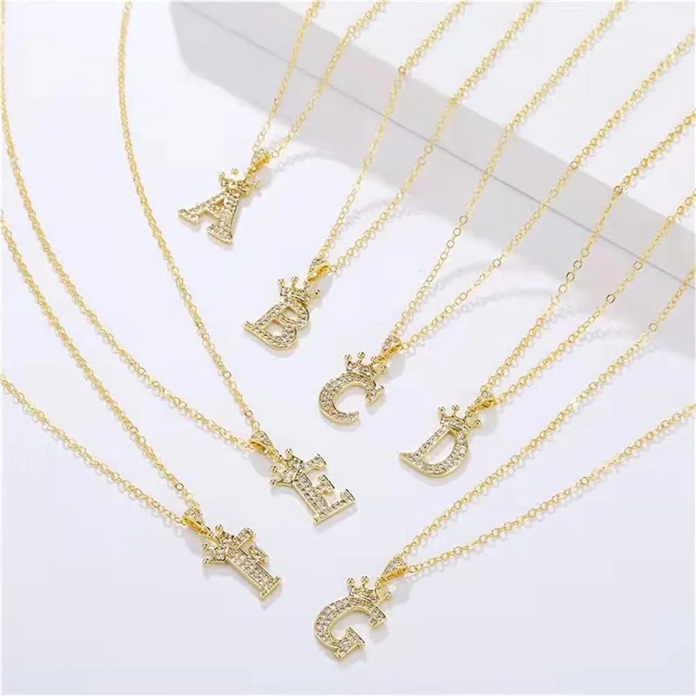 Gold Crown Initial Necklaces for Women Dainty Letter A-Z Pendant Necklace 18K Gold Plated Zirconia Letter Crown Choker Necklace for Women