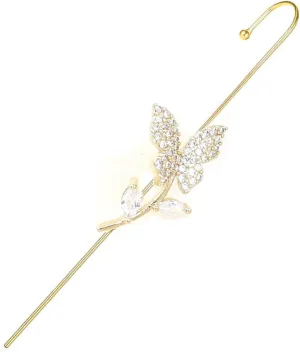Gold Ear Cuff Earrings for Women Girls Ear Wrap Crawler Hook Earrings Butterfly Grass CZ Fine Barbell Cartilage Piercing Jewelry Gifts