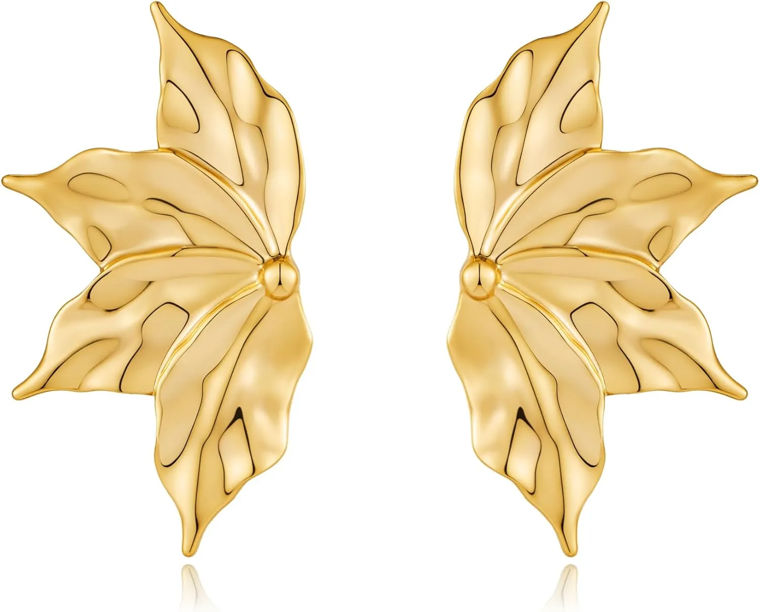 Gold Flower Earrings for Women, Symmetrical Maple Leaf Stud Gold-Plated Copper Statement Earrings with Hypoallergenic Floral Leaf Finish Jewelry Gifts
