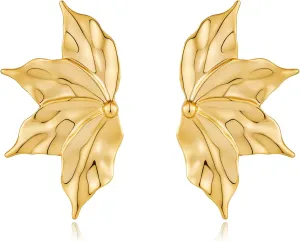 Gold Flower Earrings for Women, Symmetrical Maple Leaf Stud Gold-Plated Copper Statement Earrings with Hypoallergenic Floral Leaf Finish Jewelry Gifts
