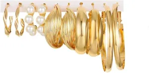 Gold Hoop Earring Set for Women Chunky Smooth Surface Trendy Small to Big Hoop Snack Butterfly Earring Lightweight Twisted Pearl Ear Pack