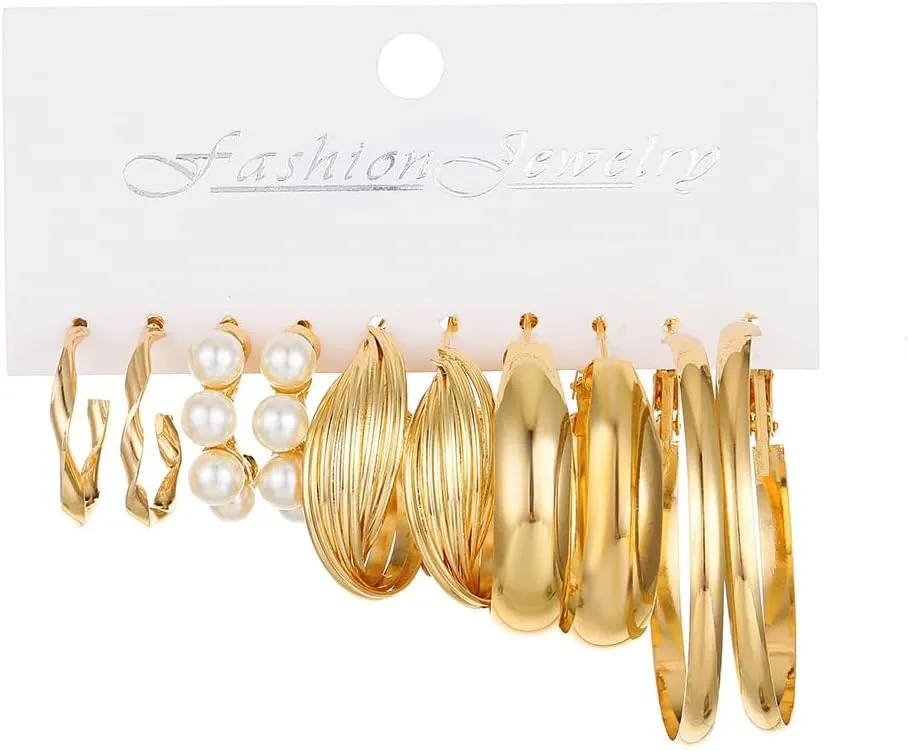 Gold Hoop Earring Set for Women Chunky Smooth Surface Trendy Small to Big Hoop Snack Butterfly Earring Lightweight Twisted Pearl Ear Pack