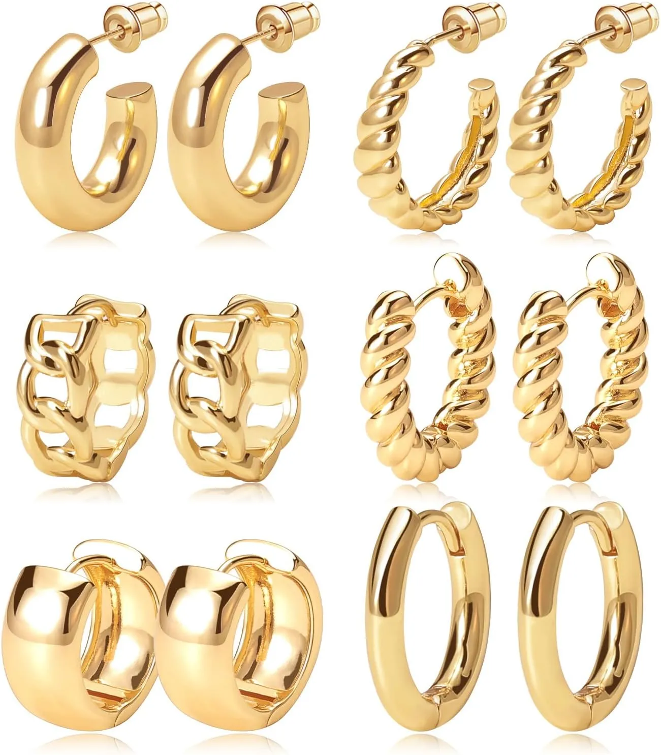 Gold Hoop Earrings Set 14k Gold Plated Huggie Earrings Hypoallergenic Chunky Thick Jewelry for Multiple Piercing Christmas Gift for Womem