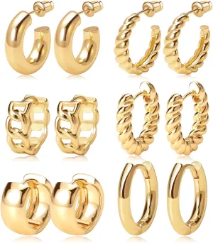 Gold Hoop Earrings Set 14k Gold Plated Huggie Earrings Hypoallergenic Chunky Thick Jewelry for Multiple Piercing Christmas Gift for Womem