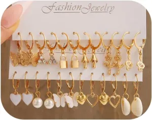 Gold Hoop Earrings Set for Women,14K Gold Plated Multipack Huggie Hoops Earrings Pack Hypoallergenic Butterfly Heart Flower Seashell Dangle Drop Earrings Set Jewelry Gift
