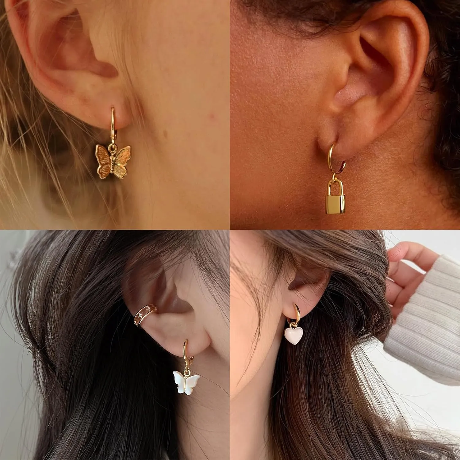 Gold Hoop Earrings Set for Women,14K Gold Plated Multipack Huggie Hoops Earrings Pack Hypoallergenic Butterfly Heart Flower Seashell Dangle Drop Earrings Set Jewelry Gift