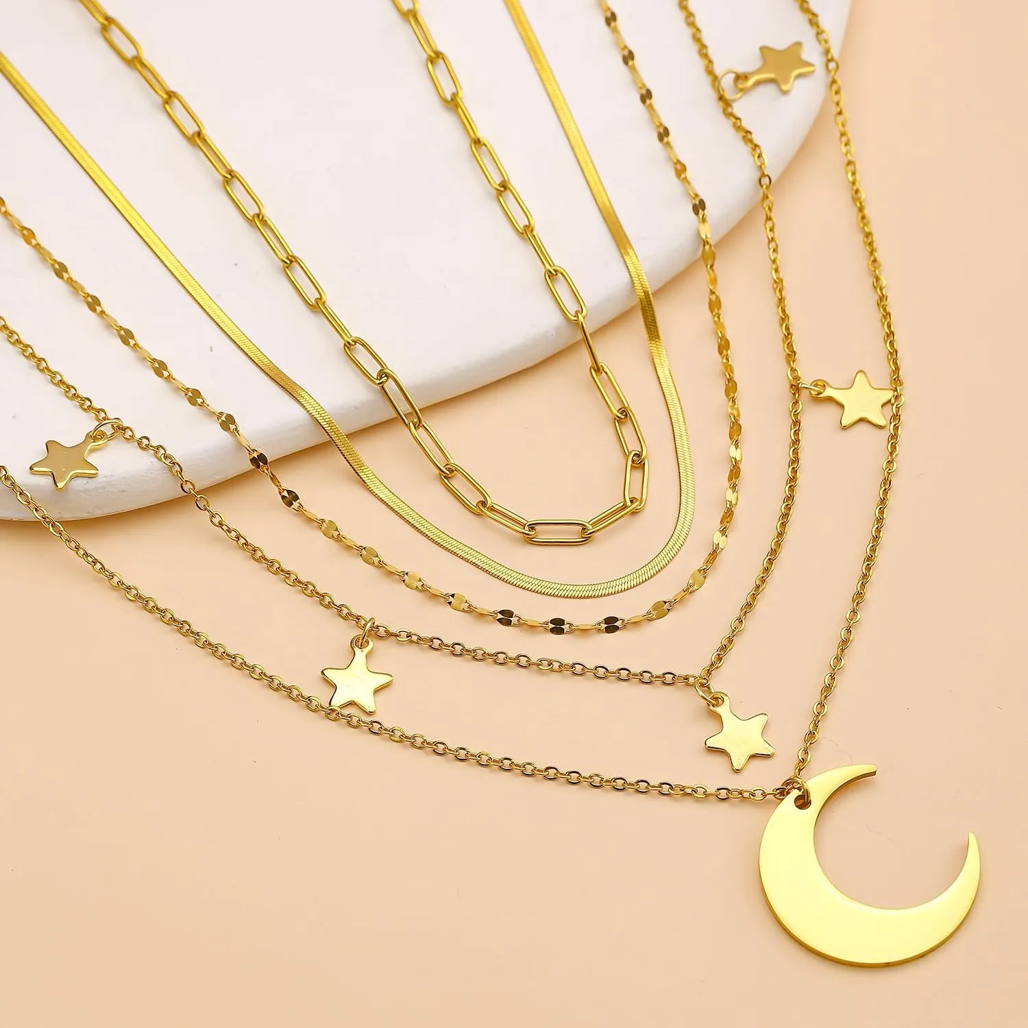 Gold Layered Chain Necklace Set for Women, Non Tarnish Stackable Dainty 18K Real Gold Plated Chain Necklace Layering Beach Simple Fashion Pendant Choker Necklaces Trendy Jewelry Set Gifts for Teen Girls