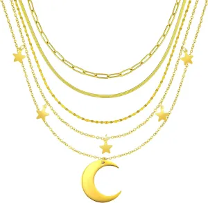 Gold Layered Chain Necklace Set for Women, Non Tarnish Stackable Dainty 18K Real Gold Plated Chain Necklace Layering Beach Simple Fashion Pendant Choker Necklaces Trendy Jewelry Set Gifts for Teen Girls