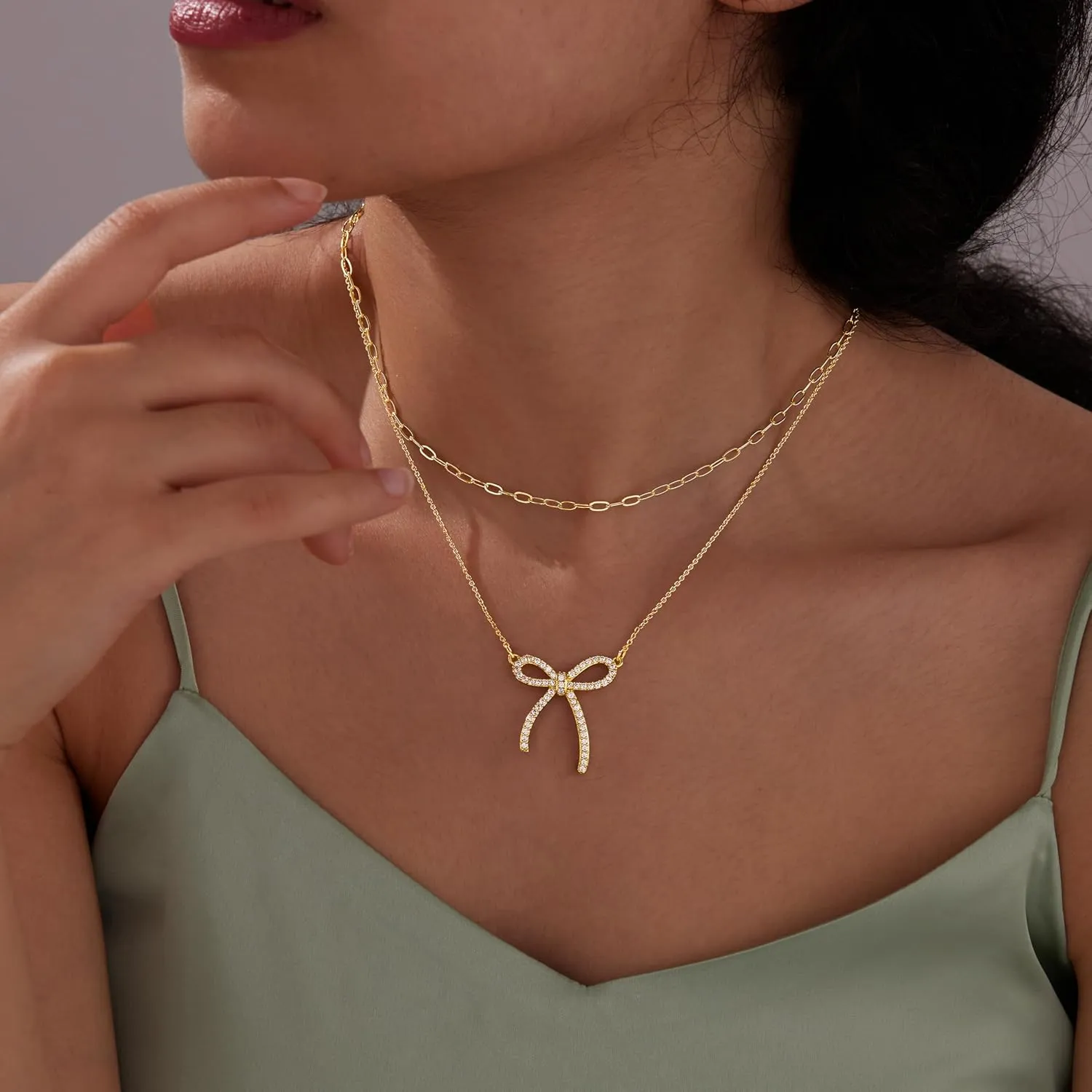 Gold Layered Necklaces for Women Chunky 14K Gold Silver Plated Stack Diamond Bow Statement Pendant Necklace Cute Trendy Dainty Small Tiny Bow Simple Choker Chain Jewelry Set for Women Gift