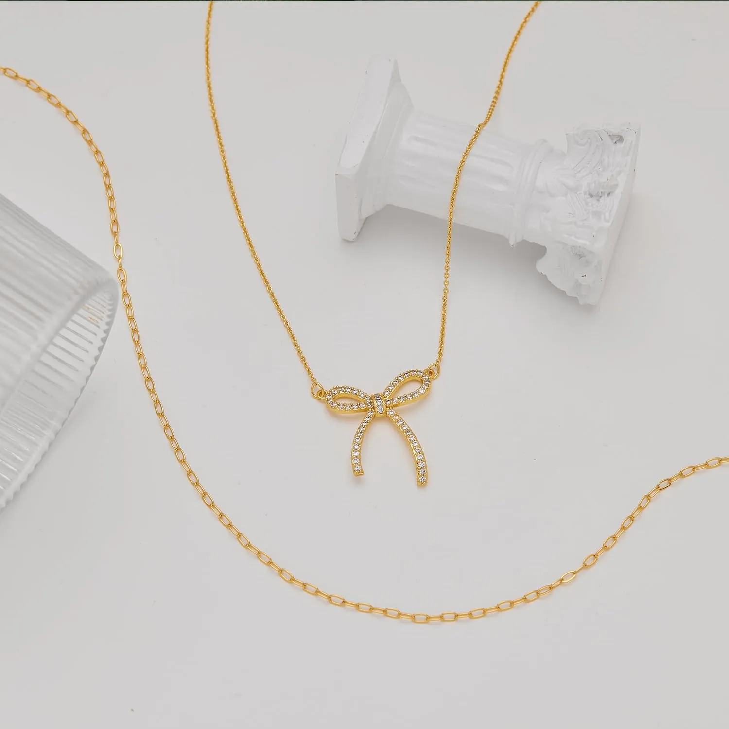 Gold Layered Necklaces for Women Chunky 14K Gold Silver Plated Stack Diamond Bow Statement Pendant Necklace Cute Trendy Dainty Small Tiny Bow Simple Choker Chain Jewelry Set for Women Gift