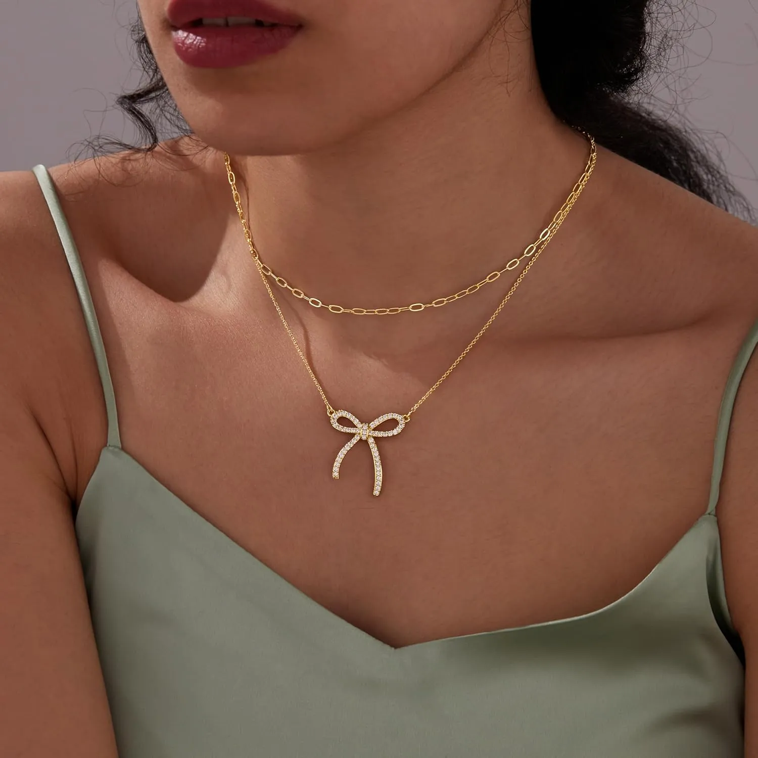 Gold Layered Necklaces for Women Chunky 14K Gold Silver Plated Stack Diamond Bow Statement Pendant Necklace Cute Trendy Dainty Small Tiny Bow Simple Choker Chain Jewelry Set for Women Gift