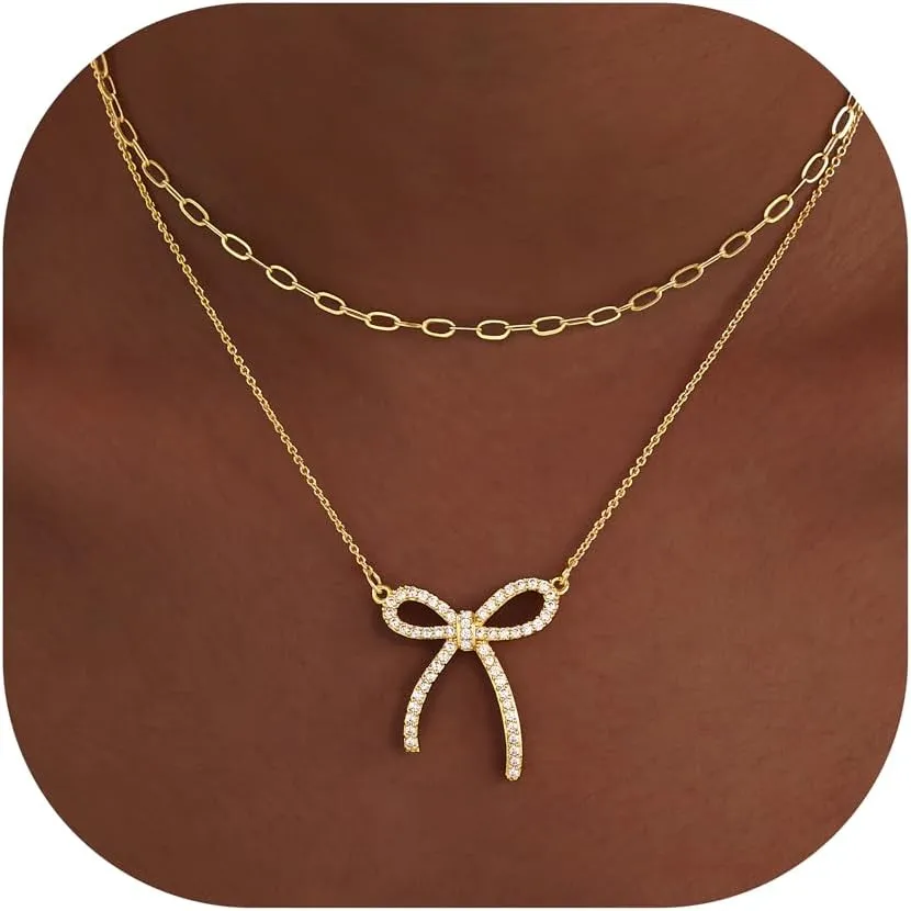 Gold Layered Necklaces for Women Chunky 14K Gold Silver Plated Stack Diamond Bow Statement Pendant Necklace Cute Trendy Dainty Small Tiny Bow Simple Choker Chain Jewelry Set for Women Gift