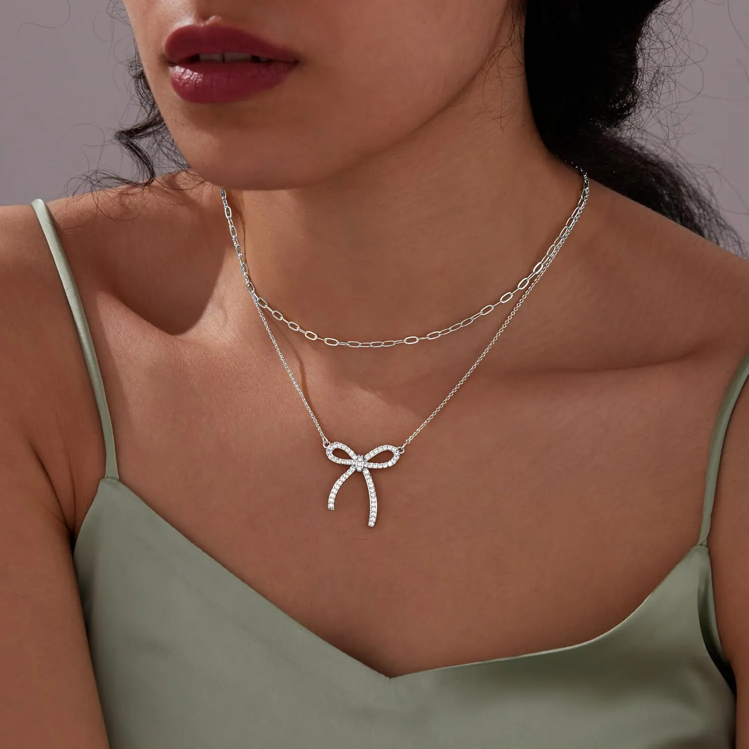 Gold Layered Necklaces for Women Chunky 14K Gold Silver Plated Stack Diamond Bow Statement Pendant Necklace Cute Trendy Dainty Small Tiny Bow Simple Choker Chain Jewelry Set for Women Gift