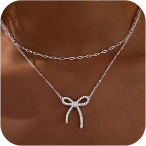 Gold Layered Necklaces for Women Chunky 14K Gold Silver Plated Stack Diamond Bow Statement Pendant Necklace Cute Trendy Dainty Small Tiny Bow Simple Choker Chain Jewelry Set for Women Gift