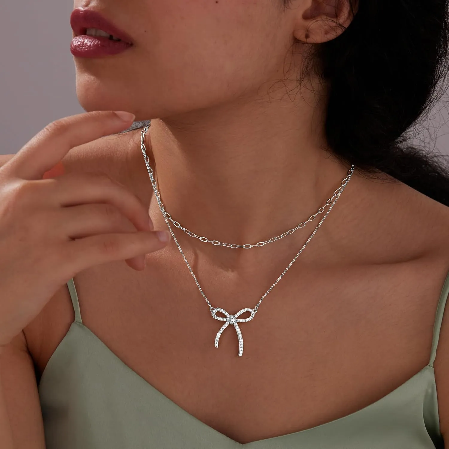 Gold Layered Necklaces for Women Chunky 14K Gold Silver Plated Stack Diamond Bow Statement Pendant Necklace Cute Trendy Dainty Small Tiny Bow Simple Choker Chain Jewelry Set for Women Gift