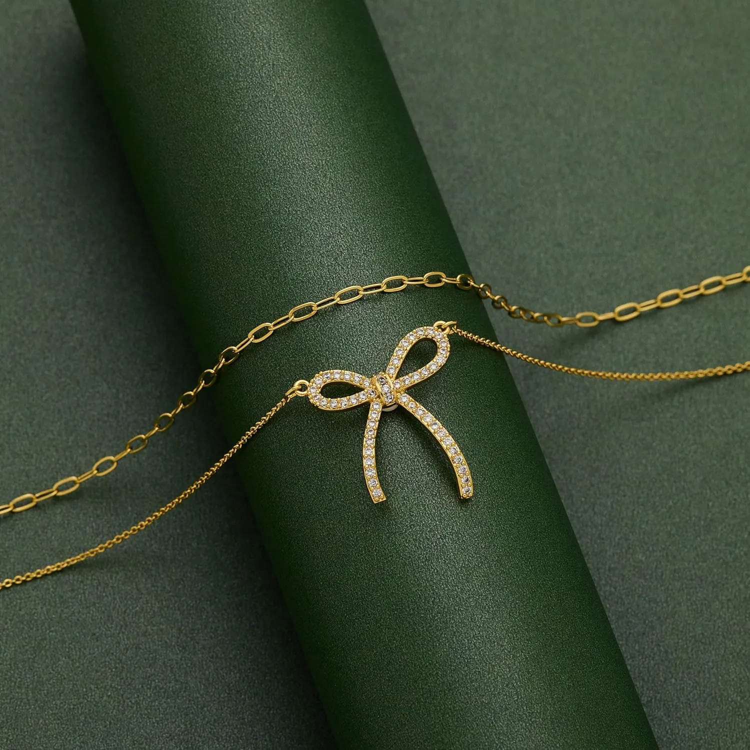 Gold Layered Necklaces for Women Chunky 14K Gold Silver Plated Stack Diamond Bow Statement Pendant Necklace Cute Trendy Dainty Small Tiny Bow Simple Choker Chain Jewelry Set for Women Gift