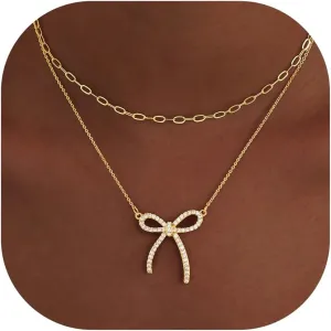 Gold Layered Necklaces for Women Chunky 14K Gold Silver Plated Stack Diamond Bow Statement Pendant Necklace Cute Trendy Dainty Small Tiny Bow Simple Choker Chain Jewelry Set for Women Gift