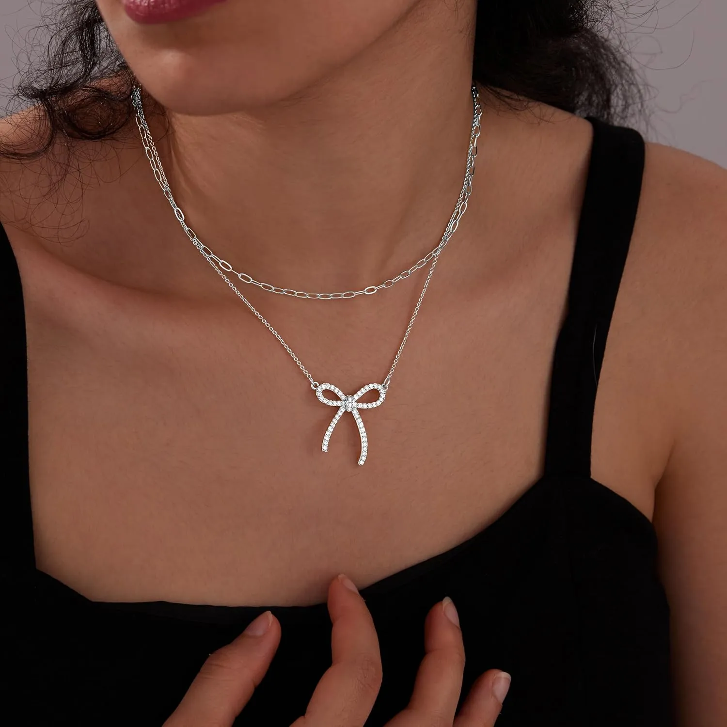 Gold Layered Necklaces for Women Chunky 14K Gold Silver Plated Stack Diamond Bow Statement Pendant Necklace Cute Trendy Dainty Small Tiny Bow Simple Choker Chain Jewelry Set for Women Gift