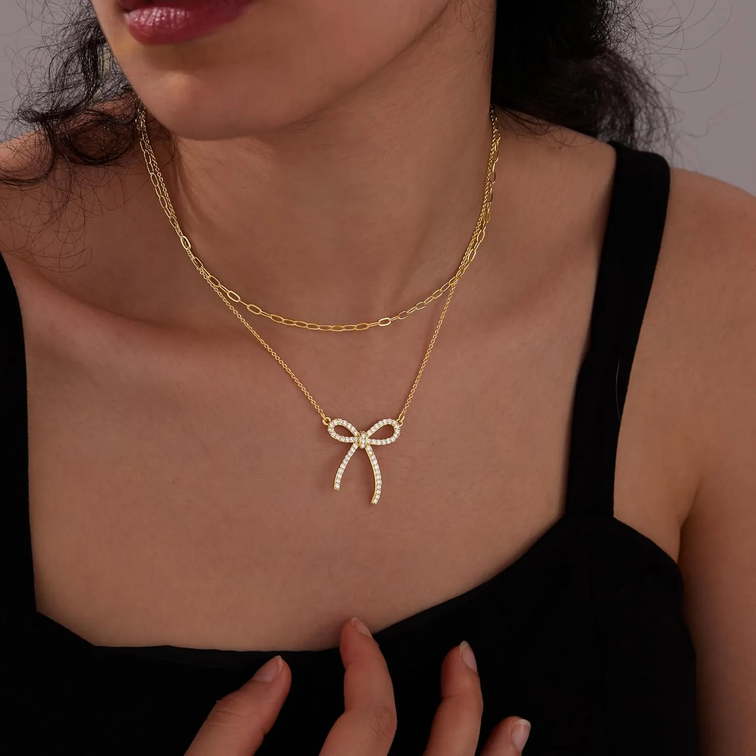Gold Layered Necklaces for Women Chunky 14K Gold Silver Plated Stack Diamond Bow Statement Pendant Necklace Cute Trendy Dainty Small Tiny Bow Simple Choker Chain Jewelry Set for Women Gift