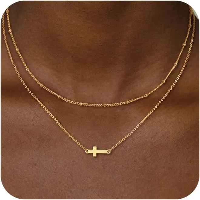Gold Layered Necklaces for Women, Herringbone Snake Paperclip 14K Gold Plated Chain Choker Necklace Stack Dainty Cute Simple CZ/Pearl/Cross Pendant Necklace Set for Women Trendy Jewelry Gifts