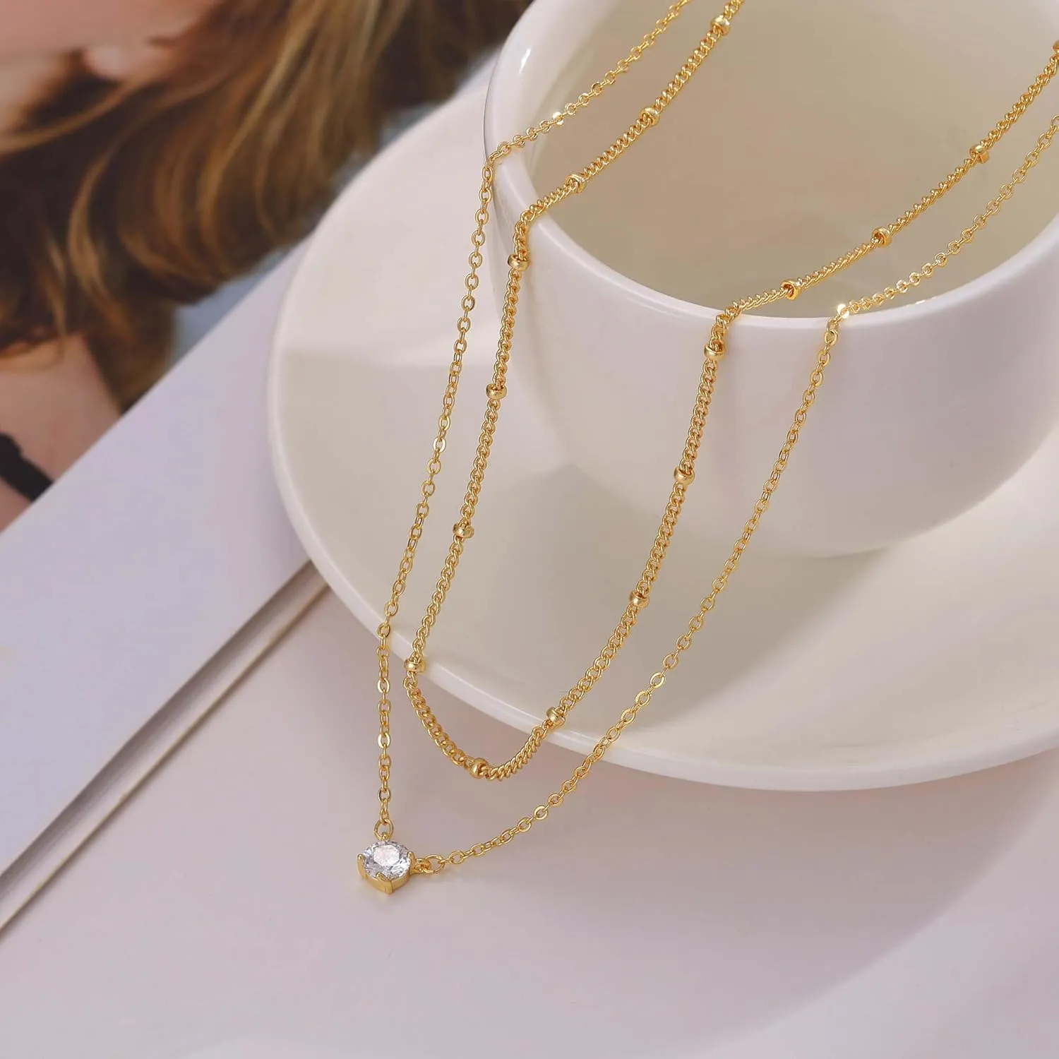 Gold Layered Necklaces for Women, Herringbone Snake Paperclip 14K Gold Plated Chain Choker Necklace Stack Dainty Cute Simple CZ/Pearl/Cross Pendant Necklace Set for Women Trendy Jewelry Gifts