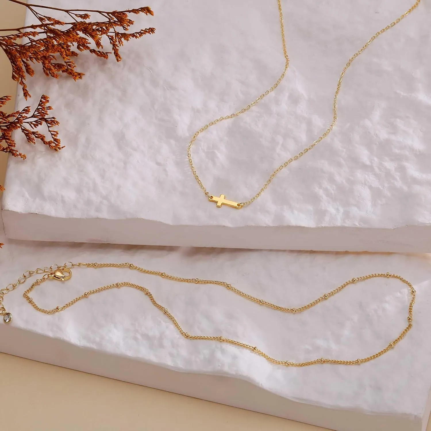 Gold Layered Necklaces for Women, Herringbone Snake Paperclip 14K Gold Plated Chain Choker Necklace Stack Dainty Cute Simple CZ/Pearl/Cross Pendant Necklace Set for Women Trendy Jewelry Gifts