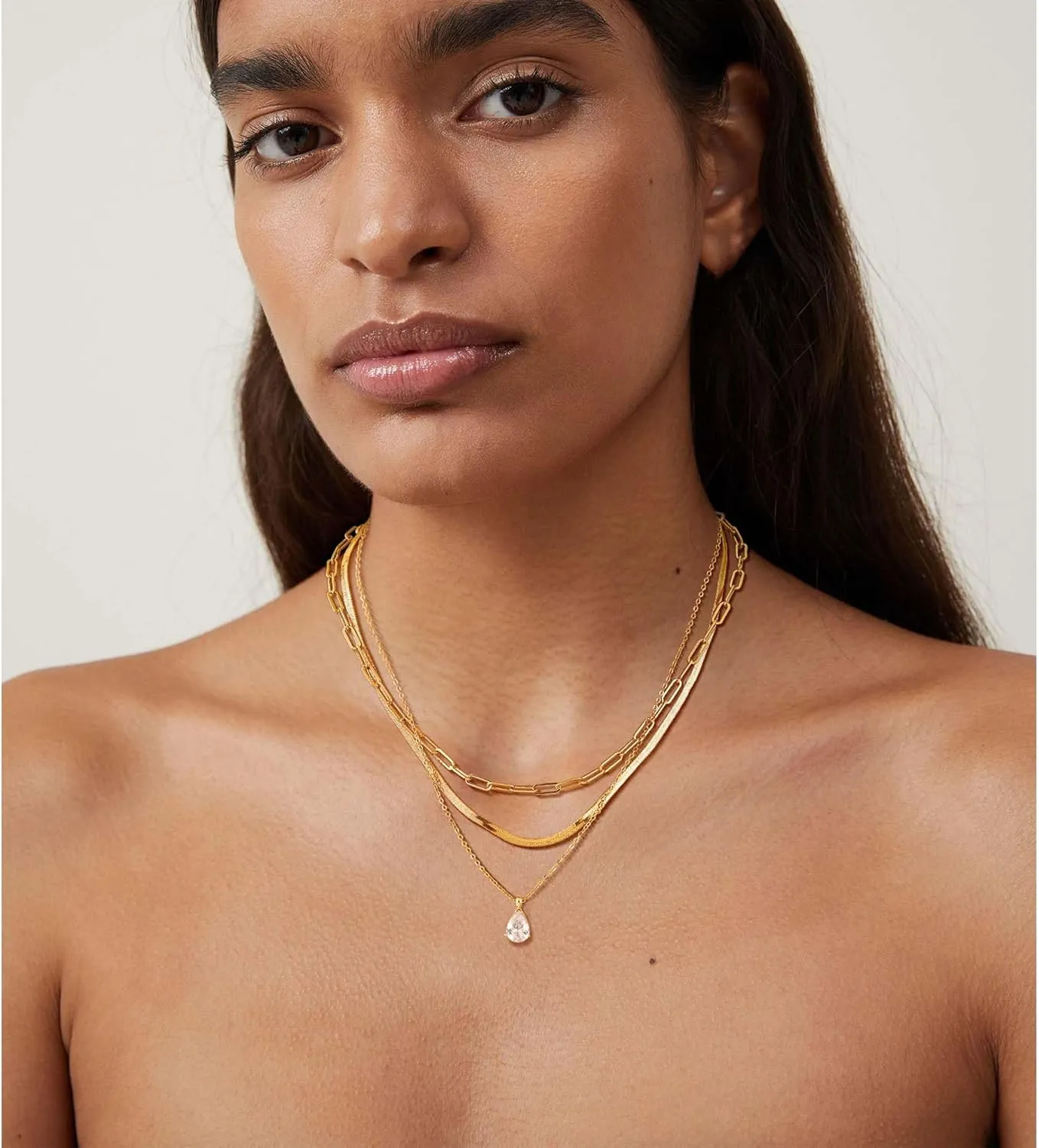 Gold Layered Necklaces for Women, Herringbone Snake Paperclip 14K Gold Plated Chain Choker Necklace Stack Dainty Cute Simple CZ/Pearl/Cross Pendant Necklace Set for Women Trendy Jewelry Gifts