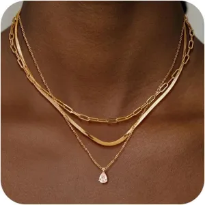 Gold Layered Necklaces for Women, Herringbone Snake Paperclip 14K Gold Plated Chain Choker Necklace Stack Dainty Cute Simple CZ/Pearl/Cross Pendant Necklace Set for Women Trendy Jewelry Gifts