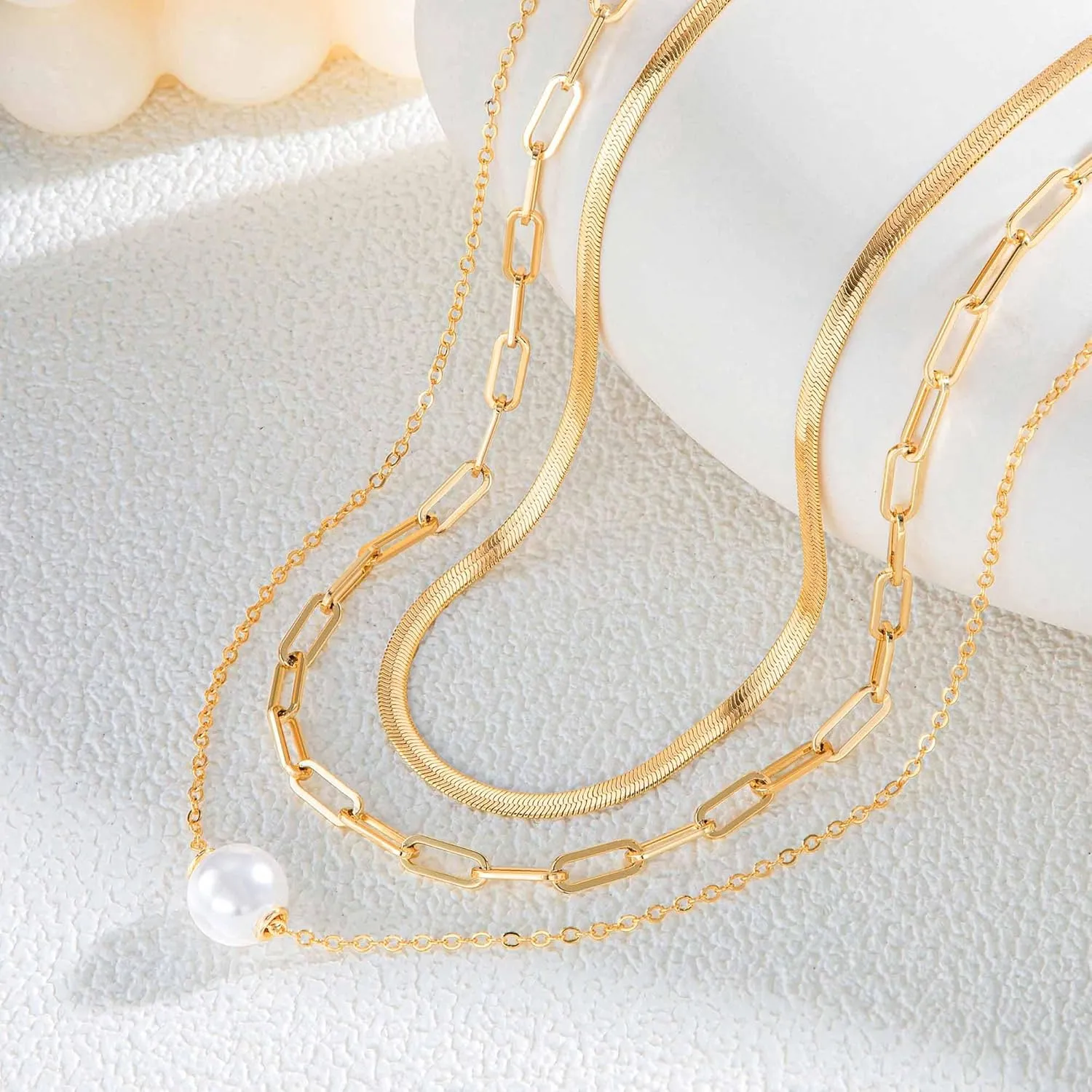 Gold Layered Necklaces for Women, Herringbone Snake Paperclip 14K Gold Plated Chain Choker Necklace Stack Dainty Cute Simple CZ/Pearl/Cross Pendant Necklace Set for Women Trendy Jewelry Gifts
