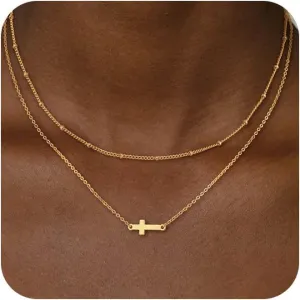 Gold Layered Necklaces for Women, Herringbone Snake Paperclip 14K Gold Plated Chain Choker Necklace Stack Dainty Cute Simple CZ/Pearl/Cross Pendant Necklace Set for Women Trendy Jewelry Gifts