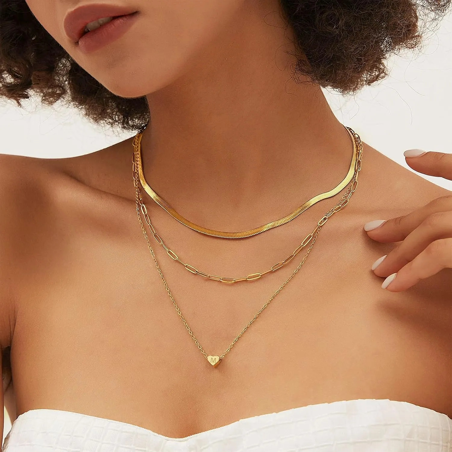 Gold Layered Necklaces for Women, Herringbone Snake Paperclip 14K Gold Plated Chain Choker Necklace Stack Dainty Cute Simple CZ/Pearl/Cross Pendant Necklace Set for Women Trendy Jewelry Gifts