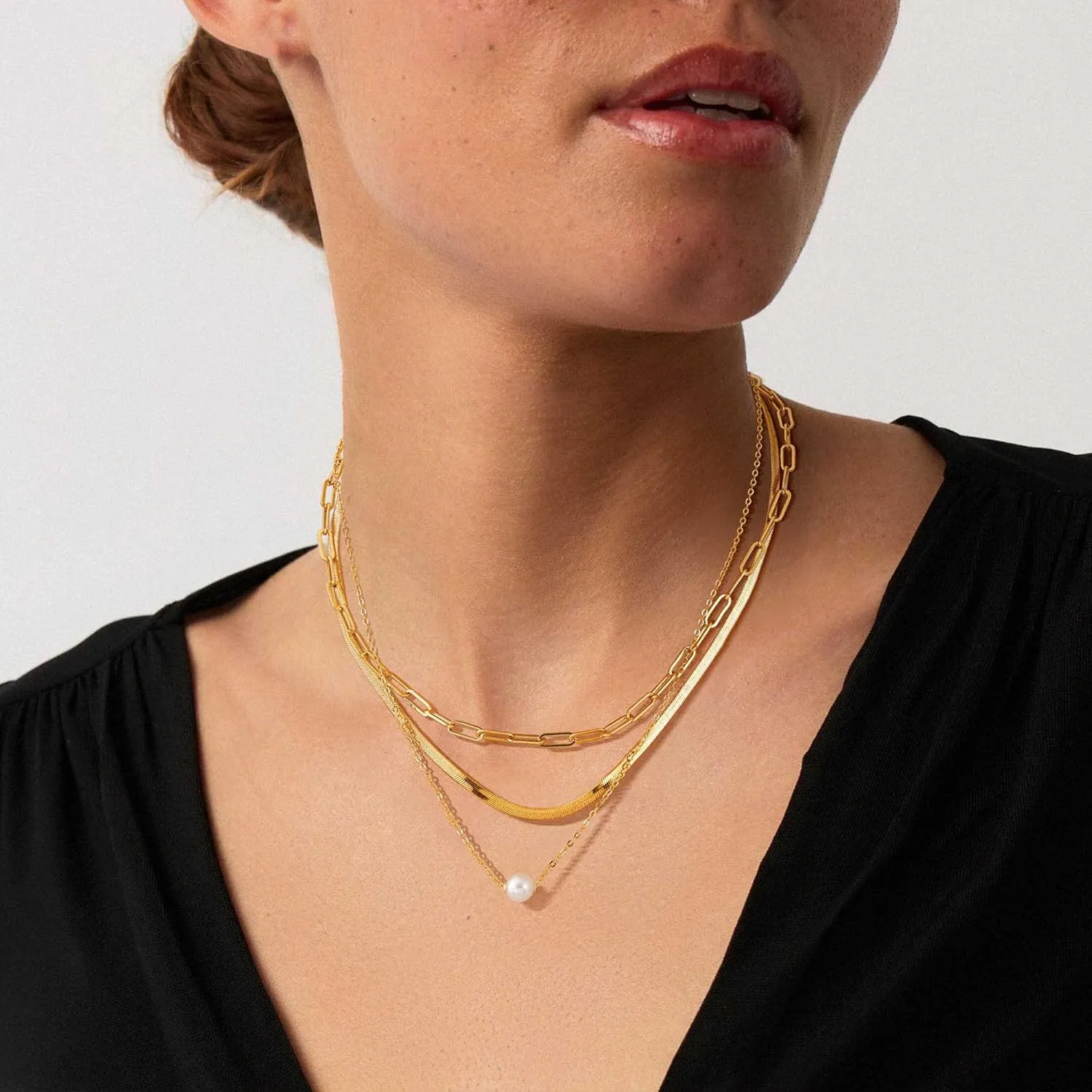 Gold Layered Necklaces for Women, Herringbone Snake Paperclip 14K Gold Plated Chain Choker Necklace Stack Dainty Cute Simple CZ/Pearl/Cross Pendant Necklace Set for Women Trendy Jewelry Gifts