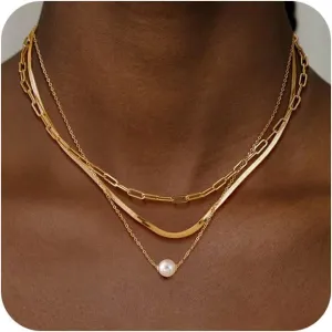 Gold Layered Necklaces for Women, Herringbone Snake Paperclip 14K Gold Plated Chain Choker Necklace Stack Dainty Cute Simple CZ/Pearl/Cross Pendant Necklace Set for Women Trendy Jewelry Gifts