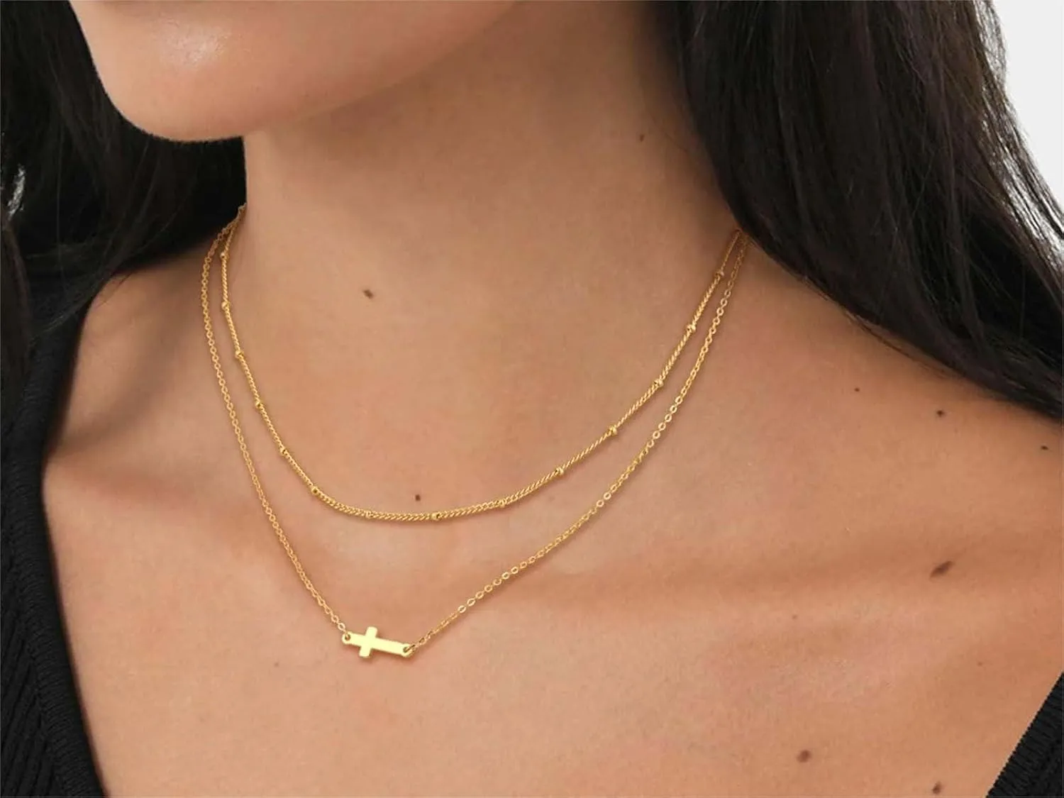 Gold Layered Necklaces for Women, Herringbone Snake Paperclip 14K Gold Plated Chain Choker Necklace Stack Dainty Cute Simple CZ/Pearl/Cross Pendant Necklace Set for Women Trendy Jewelry Gifts