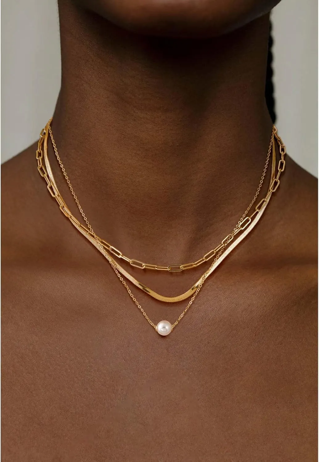 Gold Layered Necklaces for Women, Herringbone Snake Paperclip 14K Gold Plated Chain Choker Necklace Stack Dainty Cute Simple CZ/Pearl/Cross Pendant Necklace Set for Women Trendy Jewelry Gifts