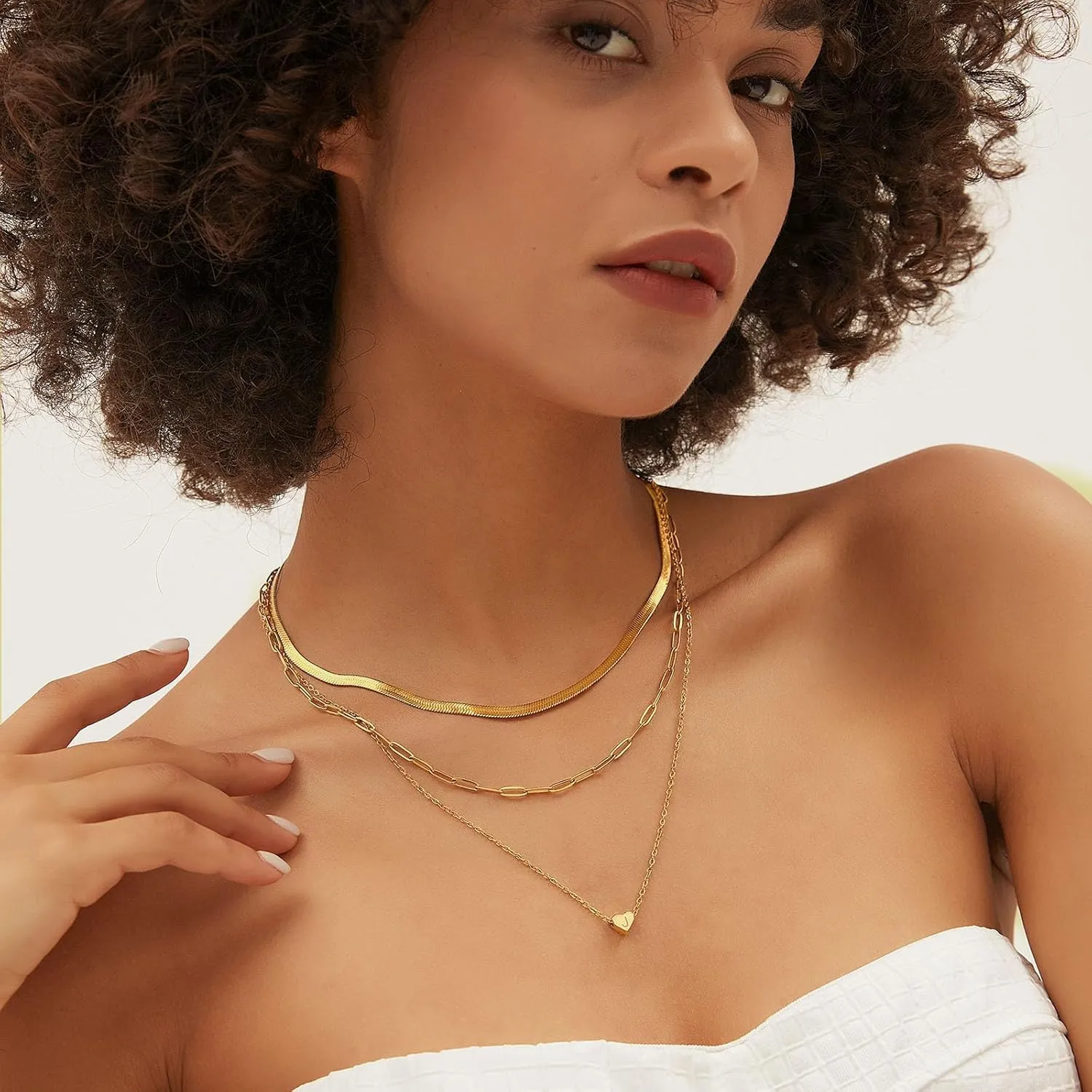 Gold Layered Necklaces for Women, Herringbone Snake Paperclip 14K Gold Plated Chain Choker Necklace Stack Dainty Cute Simple CZ/Pearl/Cross Pendant Necklace Set for Women Trendy Jewelry Gifts