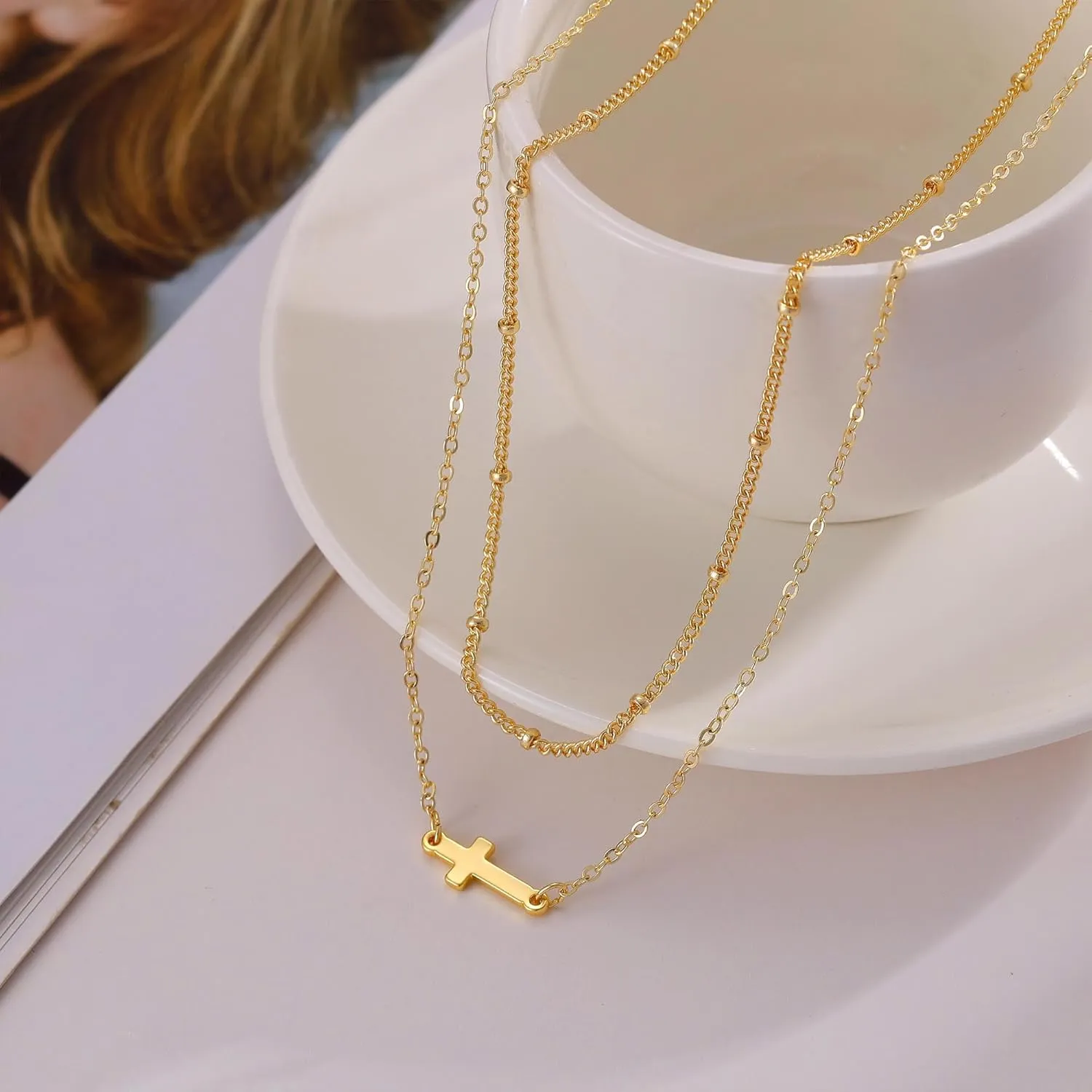 Gold Layered Necklaces for Women, Herringbone Snake Paperclip 14K Gold Plated Chain Choker Necklace Stack Dainty Cute Simple CZ/Pearl/Cross Pendant Necklace Set for Women Trendy Jewelry Gifts