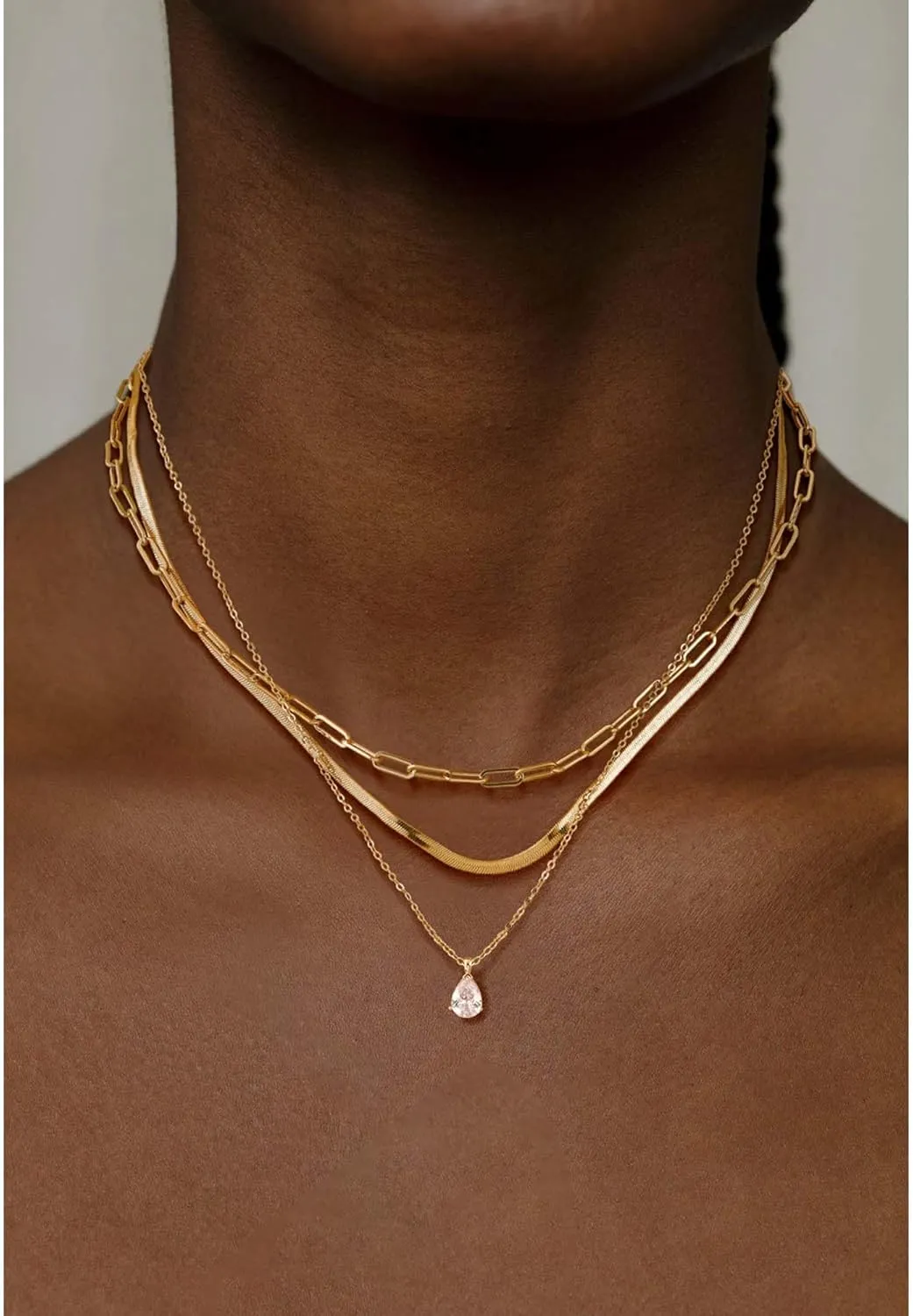 Gold Layered Necklaces for Women, Herringbone Snake Paperclip 14K Gold Plated Chain Choker Necklace Stack Dainty Cute Simple CZ/Pearl/Cross Pendant Necklace Set for Women Trendy Jewelry Gifts