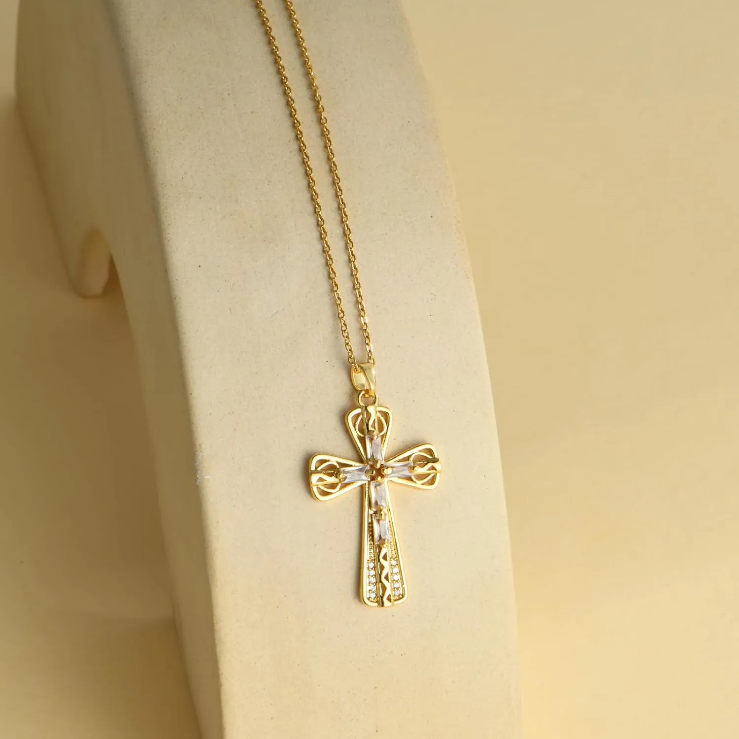 Gold Plated Copper Crystal Cross Pendant Necklace with Rhinestones and Colored Stones