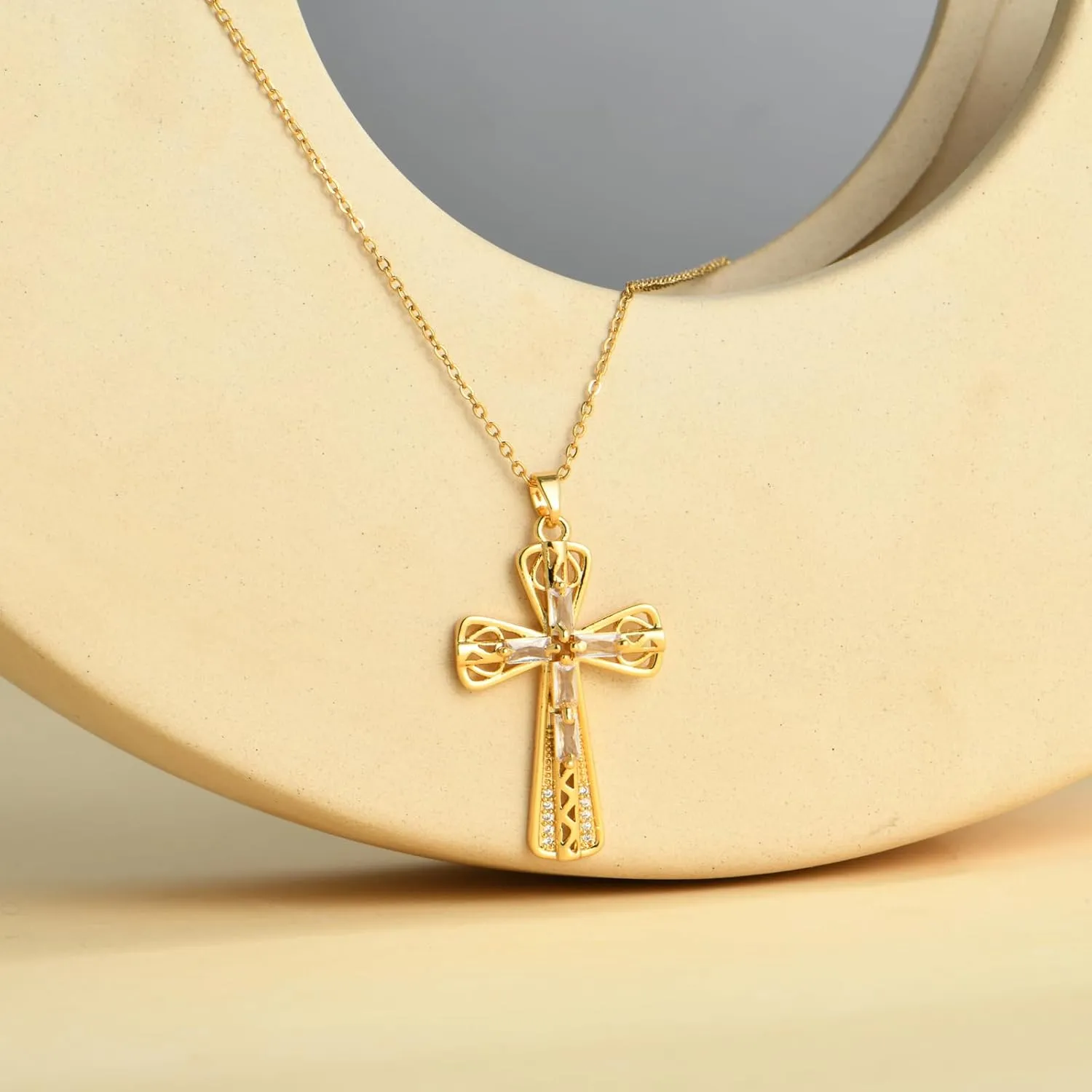 Gold Plated Copper Crystal Cross Pendant Necklace with Rhinestones and Colored Stones