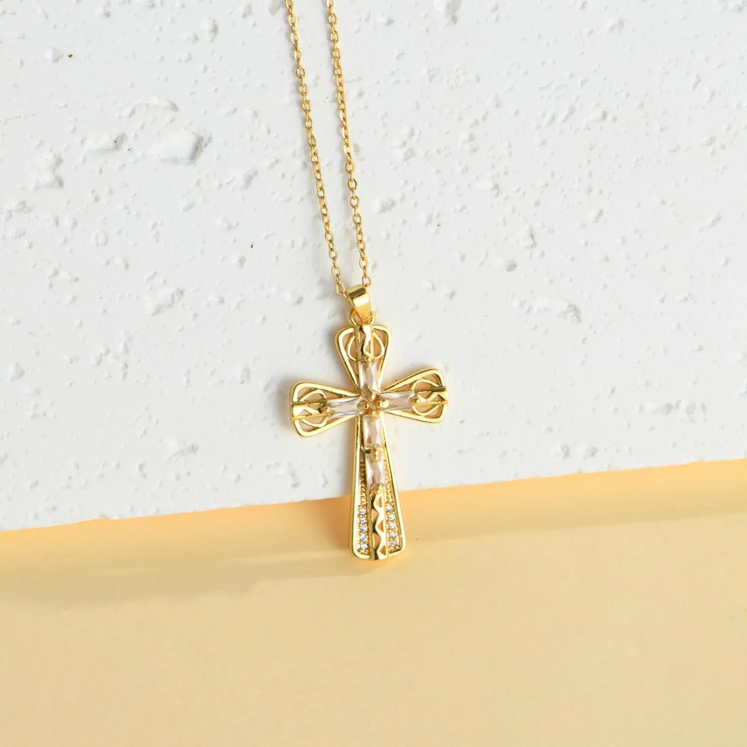 Gold Plated Copper Crystal Cross Pendant Necklace with Rhinestones and Colored Stones