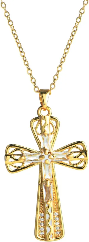 Gold Plated Copper Crystal Cross Pendant Necklace with Rhinestones and Colored Stones