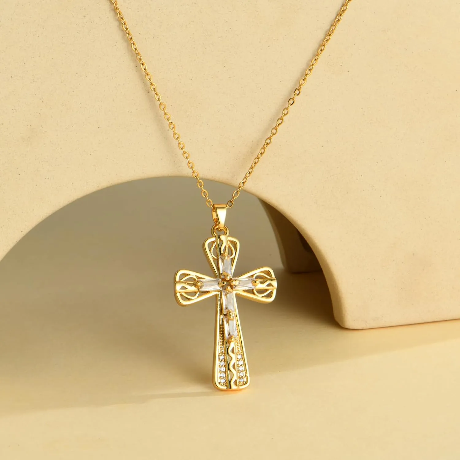 Gold Plated Copper Crystal Cross Pendant Necklace with Rhinestones and Colored Stones